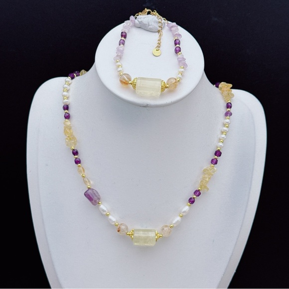 26X46 Handmade Freshwater Pearl Citrine Amethyst Necklace Bracelet Set - Picture 6 of 10
